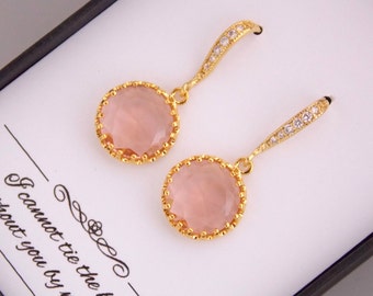 Peach Earrings, Blush Earrings, Gold, Champagne, Bridesmaid Earrings, Cubic Zirconia, Wedding Jewelry, Bridesmaid Jewelry, Bridesmaid Gifts