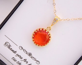 Orange Necklace, Gold Orange Pendant, Glass Tangerine, Bridesmaid Necklace, Cubic Zirconia, Bridesmaid Jewelry, Wedding Jewelry, Gold Filled