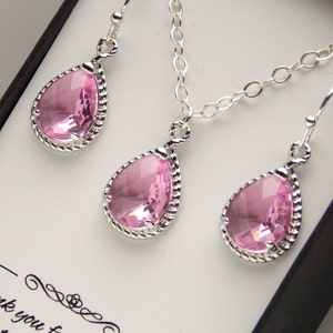 Conjunto de brincos e colar rosa, conjunto de colar e brinco rosa prateado, conjunto de joias de casamento rosa, rosa, conjunto de joias de dama de honra em prata esterlina