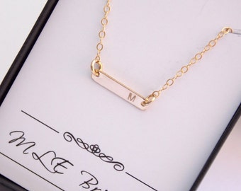 Gold Initial Bar Necklace, Gold Horizontal Bar Necklace, Letter Necklace, Initial Charm, Gold Filled, Dainty, Initial Pendant, Friend Mom