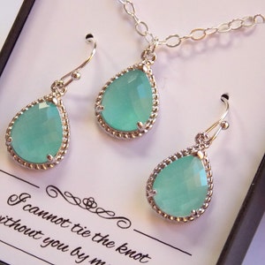 Mint Earrings Necklace Set, Wedding Jewelry, Turquoise, Aqua Blue Mint, Initial, Silver, Green Mint, Bridesmaid Jewelry Set, Bridesmaid Gift