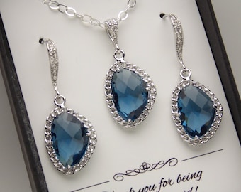 Marineblauw oorbellen en ketting Set, marineblauw bruidsmeisje sieraden Set, blauwe bruiloft, Sterling Zilver Zirkonia bruidsmeisje geschenken Montana