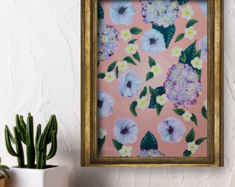 Whimsical Floral Cascade Painting | Vibrant Hydrangea, Anemone, Primrose Art, Summer Home Decor, Vibrant Acrylic Art, Pink Feminine Art Gift