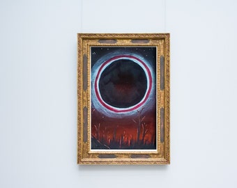 Eclipse Moon Painting, Haunting Celestial Art, Red Toned Moon, Dead Forest, Home Decor for office, library, bedroom, Handmade Art Gifts