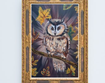 Long-Eared Owl Painting, Autumn Wildlife Original Artwork, Wisconsin Native Bird, Rustic Home Decor, Gifts for Mom, Grandma, Nature Lovers