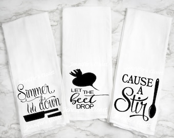 Let the beet drop funny kitchen towels, Simmer down kitchen hand towels, Stocking stuffers for Mom, Christmas gifts for bakers, New Home