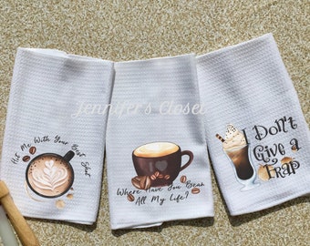 Kitchen Towels, Kitchen Decor, Microfiber Dish Towels, Housewarming Gift, Hostess Gift, Funny Kitchen towels, Coffee Decor, Kitchen Puns