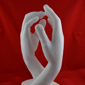 May include: White plaster sculpture of two hands clasped together, titled "La Cathedrale - Rodin".