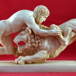 Hercules and the Nemean Lion Statue: Aged Patina Marble Cast