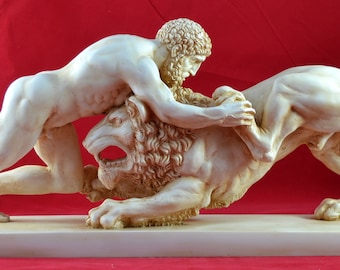 Hercules and the Nemean Lion Statue: Aged Patina Marble Cast