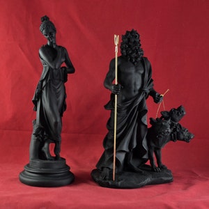 Svart Persefone och Hades statyuppsättning, stendekor av grekisk mytologi, skulptur av underjordens gudar, hednisk altarestaty, gåva av Dark Academia bild 3