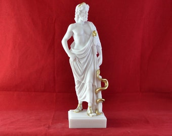 Estatua de Asclepio: Dios griego de la curación, mármol blanco y dorado (23 cm)