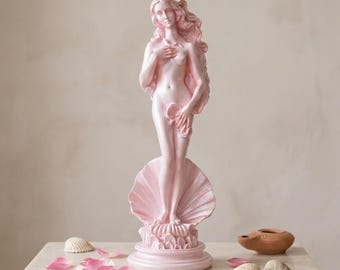 Puede incluir: Una estatua de color rosa claro de una figura de pie con el pelo largo y suelto, colocada dentro de una gran concha abierta. La figura tiene una mano sobre el pecho y la otra cubriendo la parte inferior del cuerpo, sobre una base circular.
