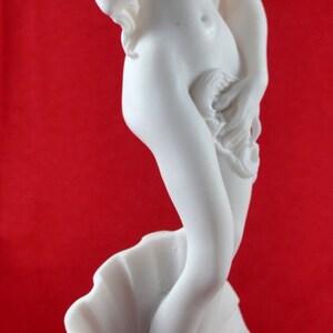 May include: White marble statue of a woman standing on a seashell. The woman is nude and has long flowing hair. The statue is on a white marble base.