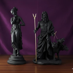 Svart Persefone och Hades statyuppsättning, stendekor av grekisk mytologi, skulptur av underjordens gudar, hednisk altarestaty, gåva av Dark Academia bild 1