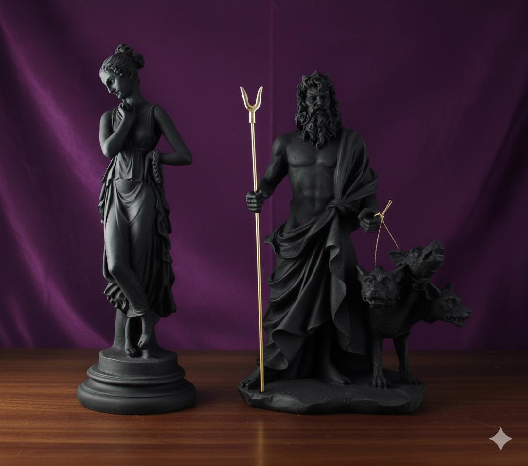 黒いペルセポネとハデスの像セット、石製のギリシャ神話装飾、冥界の