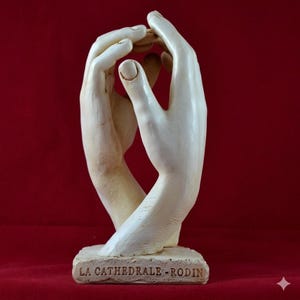 Könnte beinhalten: Eine cremefarbene Skulptur von zwei Händen, die sich zu einem Kreis formen. Die Skulptur ist auf einem rechteckigen Sockel mit dem Text "LA CATHEDRALE - RODIN" montiert. Der Hintergrund ist einfarbig rot.