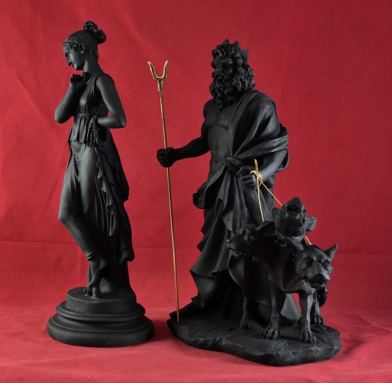 Svart Persefone och Hades statyuppsättning, stendekor av grekisk mytologi, skulptur av underjordens gudar, hednisk altarestaty, gåva av Dark Academia bild 4