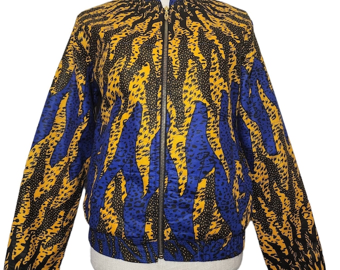 Ankara Print Bomber Jacket: Blue & Yellow African Wax Cotton .