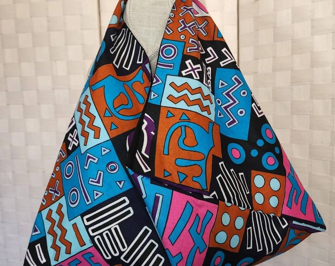 African Print Cotton Tote Bag: Foldable Origami Style with Zipper Pockets