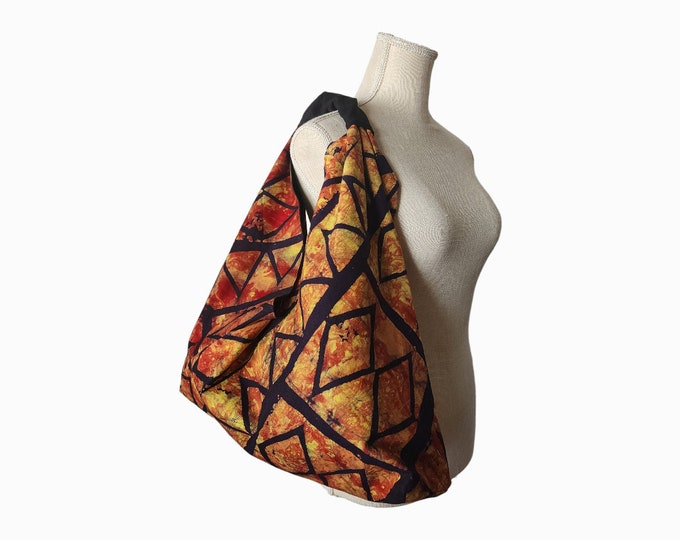 African Print Cotton Tote Bag with Zipper Pockets