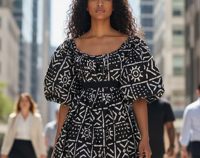 Off Shoulder African Print Summer Dress – Black and White Ankara Short Dress