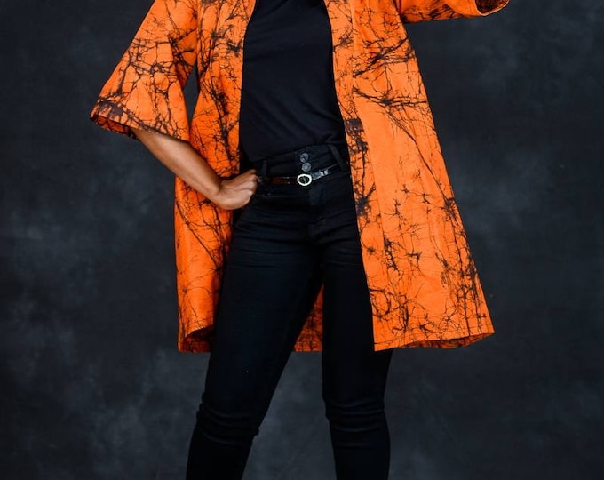 Handmade Batik Kimono Jacket - Orange African Print Cotton Tunic