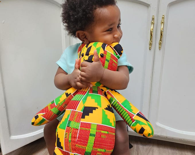 Stffed animal . Fabric teddy Bear . african print stuffed animal .