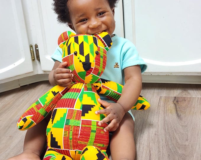 Stffed animal . Fabric teddy Bear . african print stuffed animal .