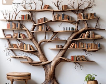 Scaffale per libri personalizzato con rami di alberi in legno massello che vive accanto a un'esclusiva libreria con mensola ad angolo galleggiante, decorazione domestica.