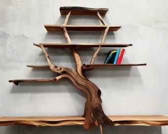 Bookshelf made from tree rustic floating shelf decorative bookcase home decor.