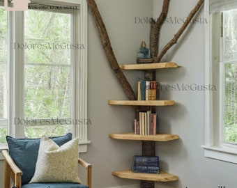 Personalisation tree branch floating shelf solid wood live edge floating corner wall shelf unique bookcase home decor .