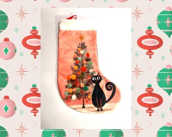 Vintage Style Peachy Pink Black Cat 16 inch Christmas Stocking Cat - Personalized