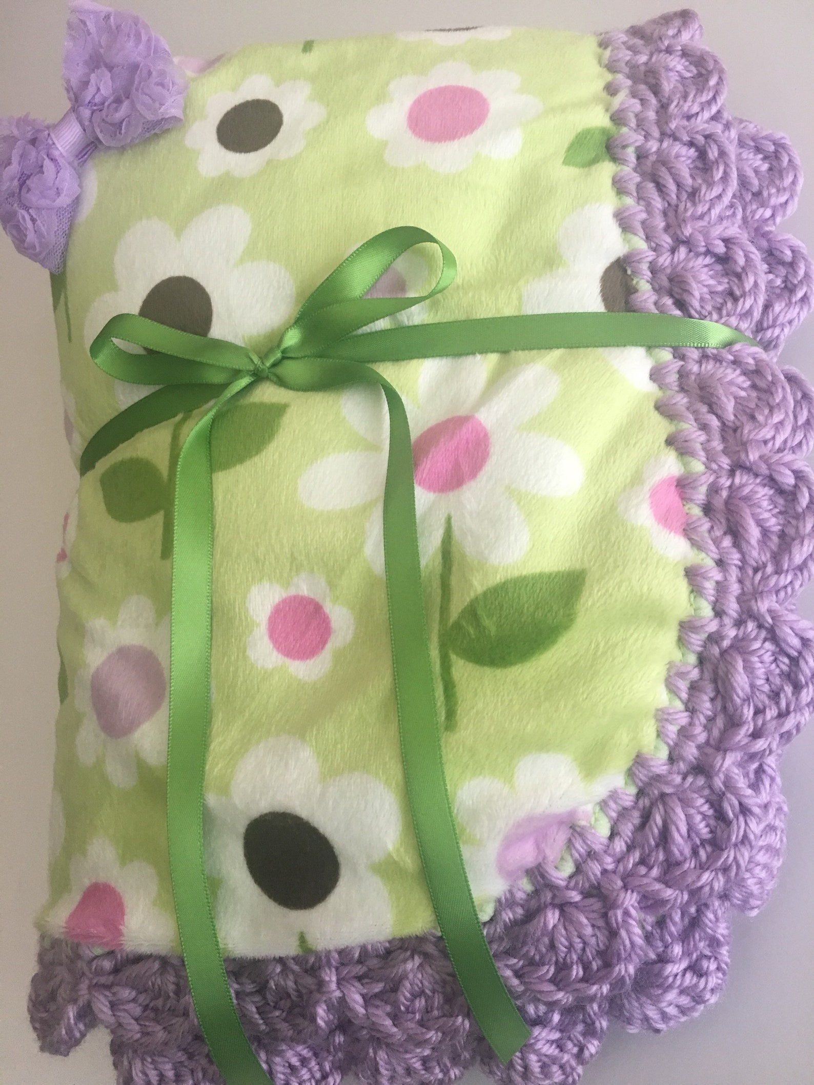 Daisy Flower Minky Sherpa Baby Blanket Green With Pink Etsy