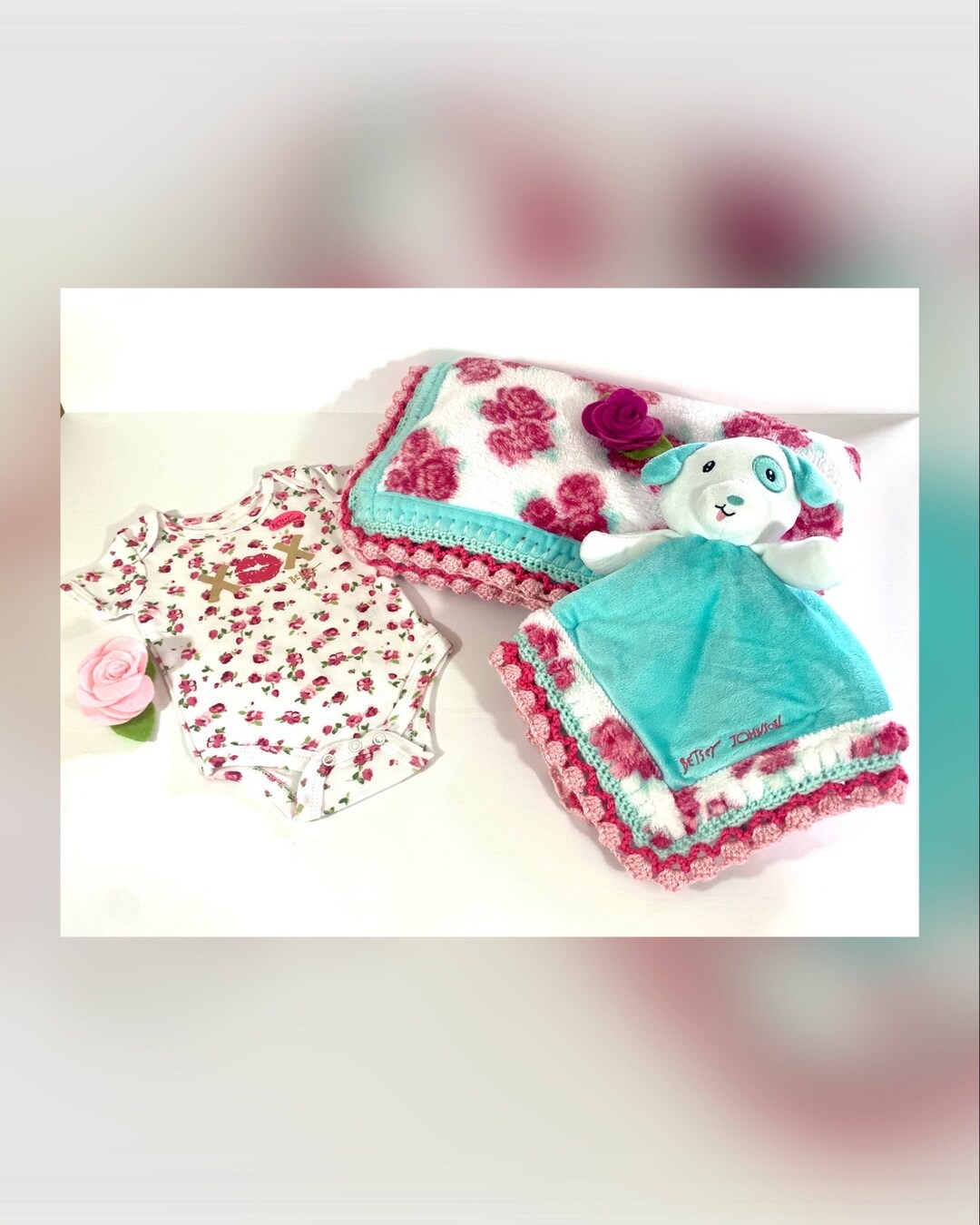 Betsey Johnson Vintage Rose Crochet Baby Blanket and Puppy Lovey