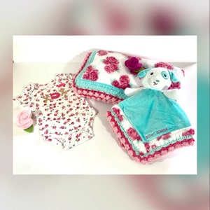 Betsey Johnson Vintage Rose Crochet Baby Blanket and Puppy Lovey Set
