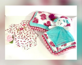 Betsey Johnson Vintage Rose Crochet Baby Blanket and Puppy Lovey