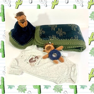 Buffalo Bison Desert Cactus Minky Sherpa Crochet Baby Blanket Set - 4 Piece