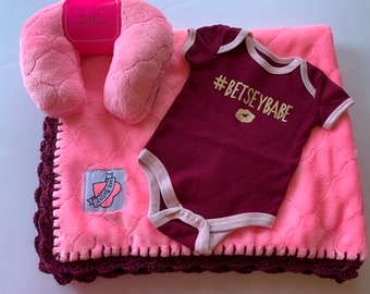 Betsey Johnson Bright Pink and Burgundy Minky Sherpa Betsey Babe Crochet Baby Blanket Gift Set - 3 Piece