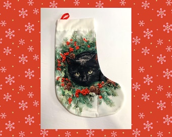 Vintage Style Black Cat 16 inch Beige Christmas Stocking Wreath - Personalized