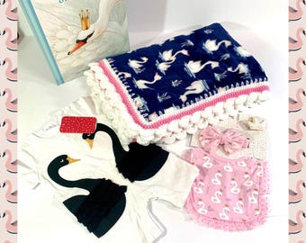 Swan Crochet Baby Blanket with Swan Lake Book Gift Set