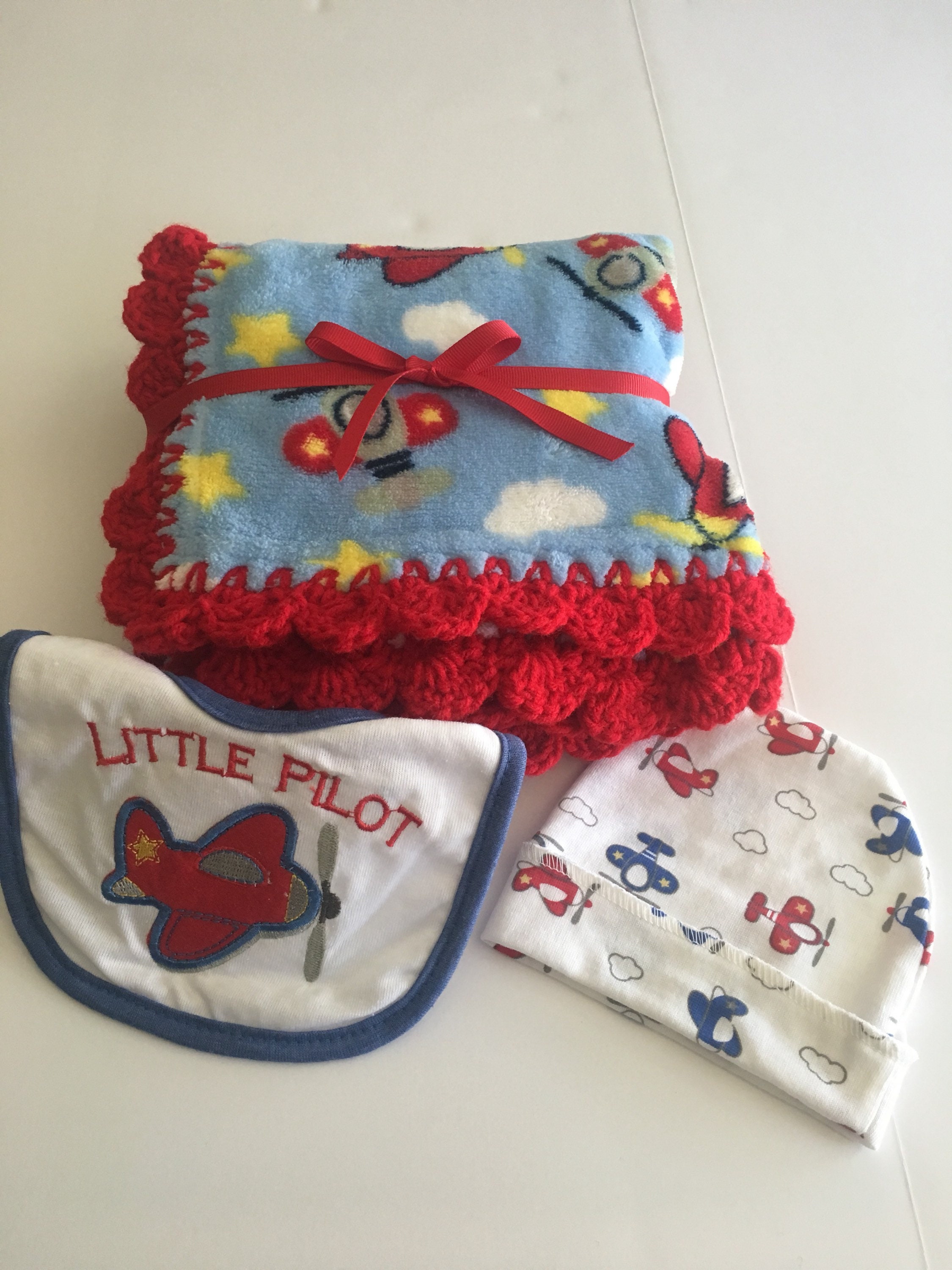 Airplane Pilot Baby Blanket With Crochet Trim Gift Set Blue Etsy