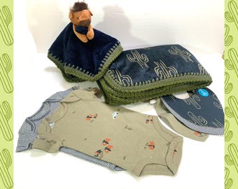 Buffalo Bison Desert Cactus Minky Sherpa Crochet Baby Blanket 7 Pc Gift Set