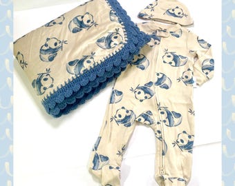 Little Panda Minky Sherpa Crochet Baby Blanket Gift Set