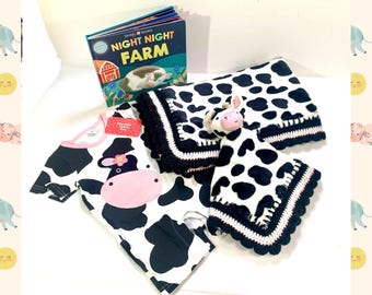 Black & White Cow Crochet Baby Blanket Lovey and Book Gift Set 4 Piece