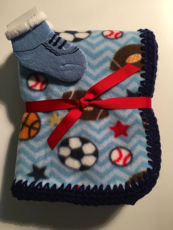 Blue Sport Ball Themed Fleece Baby Blanket With Crochet Trim Etsy Canada