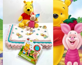 Disney Winnie the Pooh and Piglet Minky Sherpa Pink Crocheted Baby Blanket Plush & Book Set