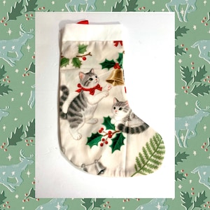 Vintage Style Gray & White Tabby Cat 16 inch Holly Christmas Stocking - Personalized