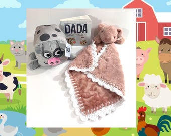 Farm Cow and Pig Crochet Baby Lovey, Plush and Dada Book Gift Set
