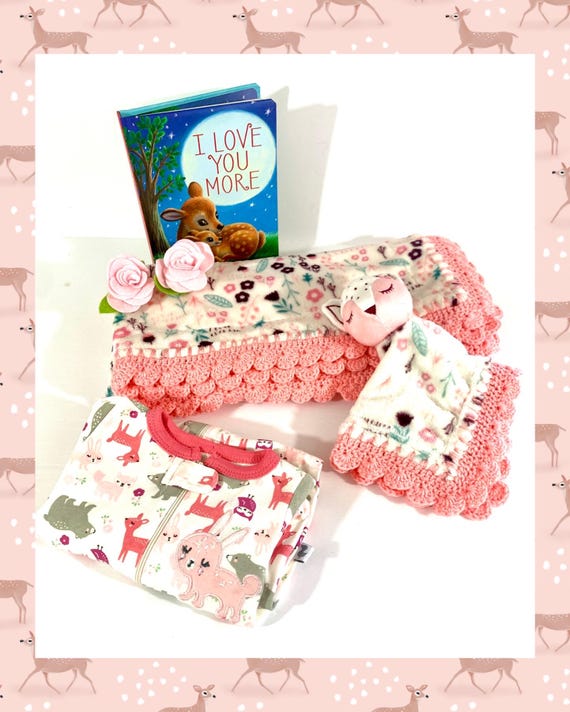 Baby Pink Deer Woodland Forest Animals Crochet Minky Plush Baby - Main Image